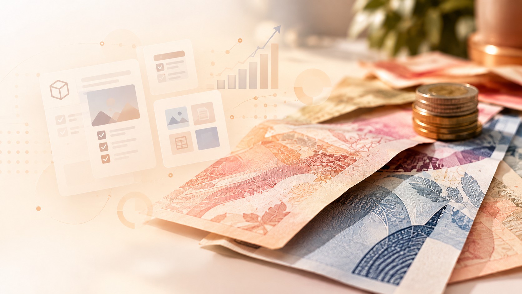 Billets et pièces devant un écran présentant des templates Notion