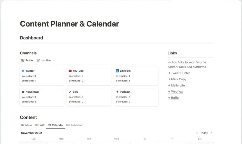 Exemple de template Notion : planificateur et calendrier de contenu